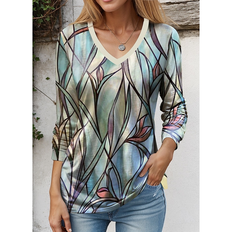 Floral Print Fashion V Neck Tee