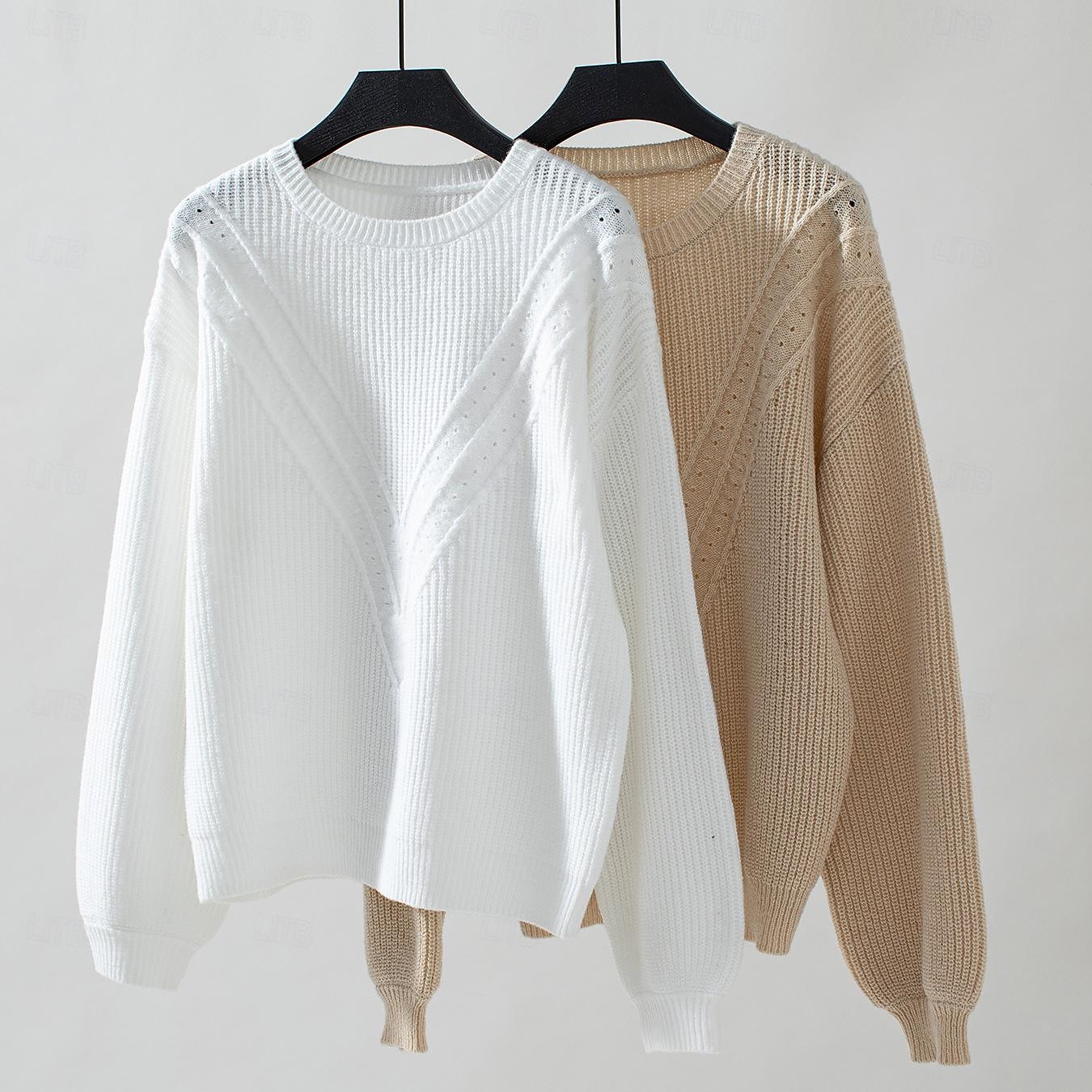 Crew Neck Lantern Sleeve Sweater White & Beige Elegant Knitwear