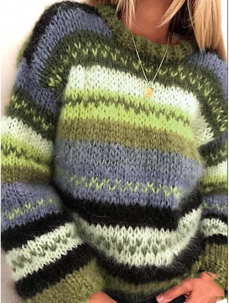 Striped Crew Neck Ribbed Knit Sweater Blue & Purple Casual Top