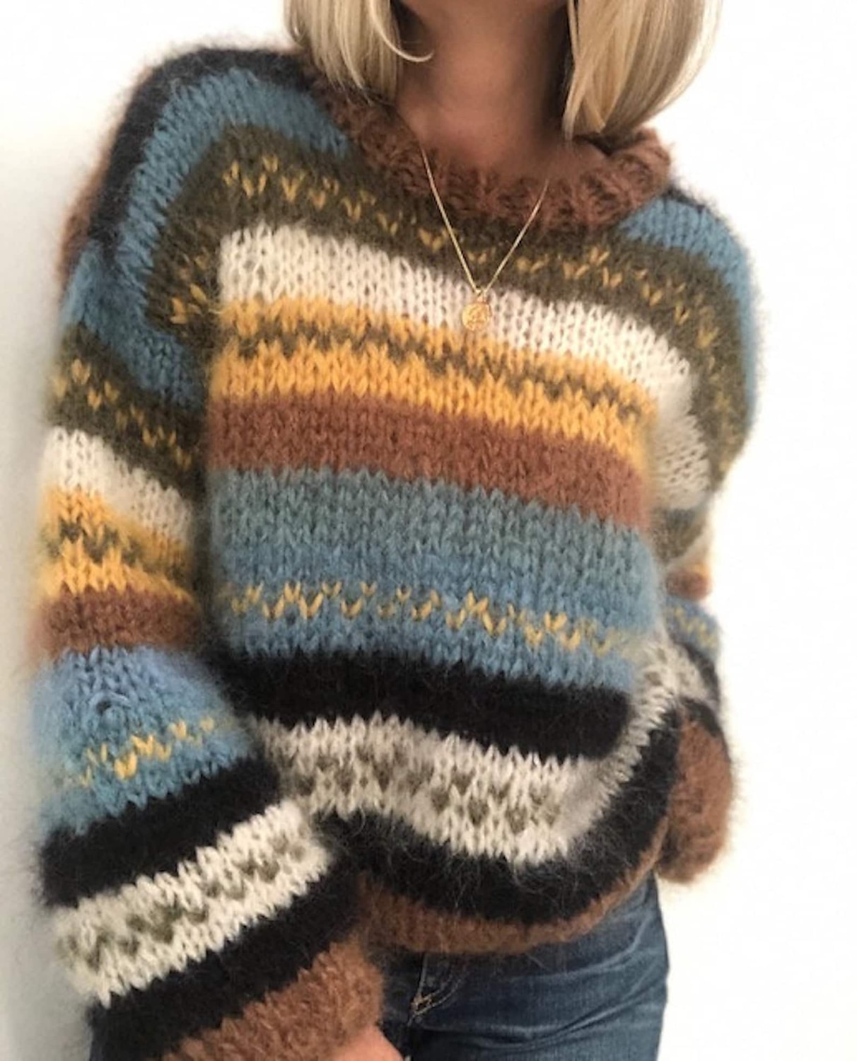 Striped Crew Neck Ribbed Knit Sweater Blue & Purple Casual Top