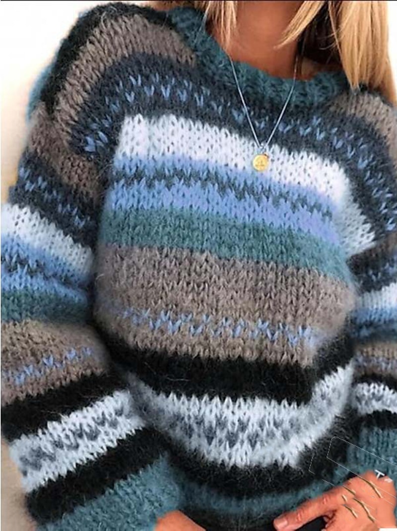 Striped Crew Neck Ribbed Knit Sweater Blue & Purple Casual Top
