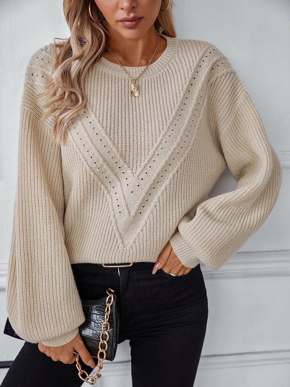 Crew Neck Lantern Sleeve Sweater White & Beige Elegant Knitwear