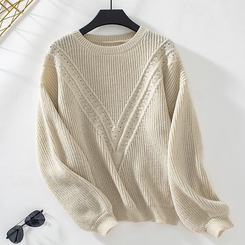 Crew Neck Lantern Sleeve Sweater White & Beige Elegant Knitwear