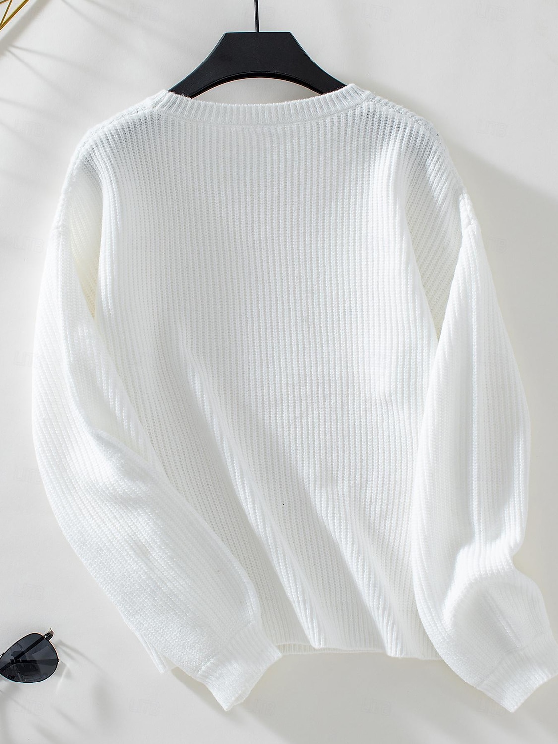 Crew Neck Lantern Sleeve Sweater White & Beige Elegant Knitwear