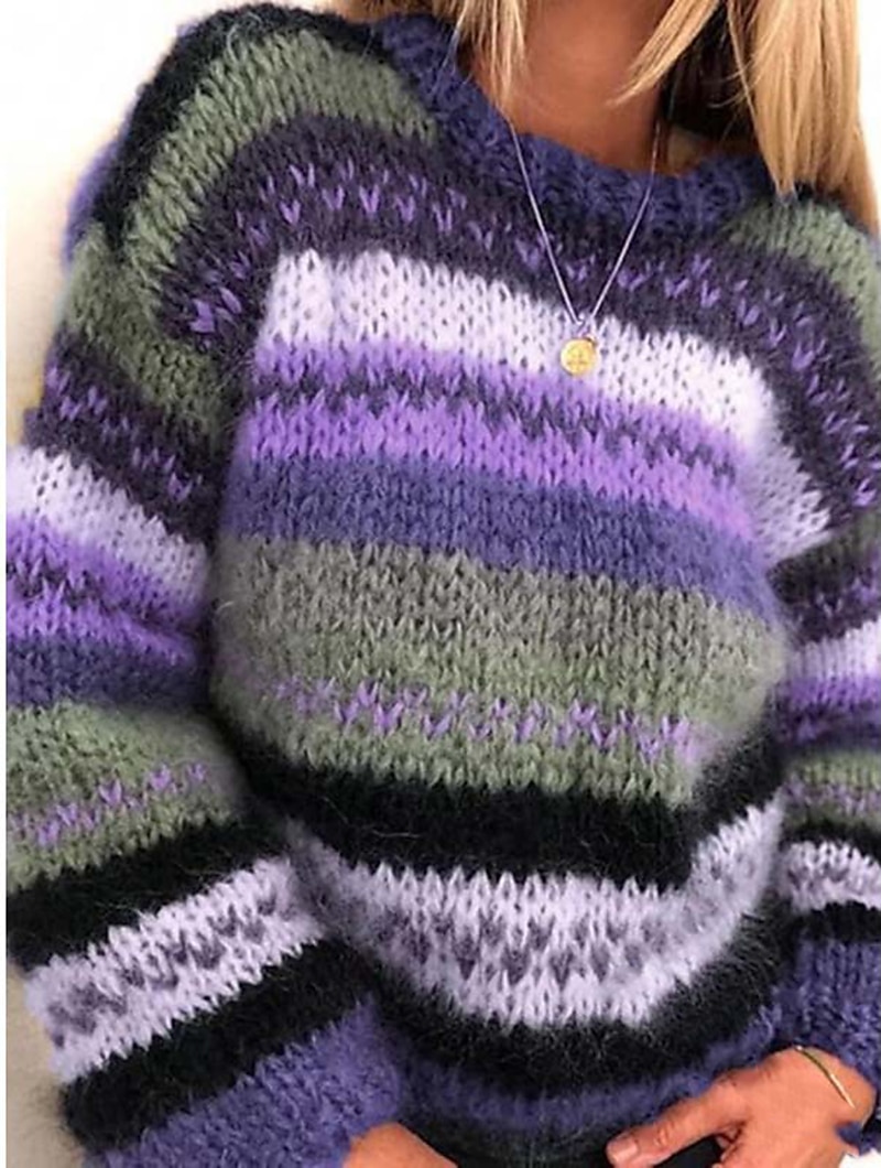 Striped Crew Neck Ribbed Knit Sweater Blue & Purple Casual Top