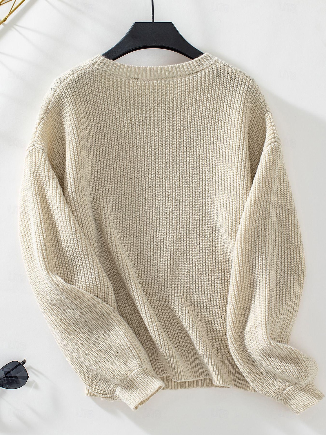 Crew Neck Lantern Sleeve Sweater White & Beige Elegant Knitwear